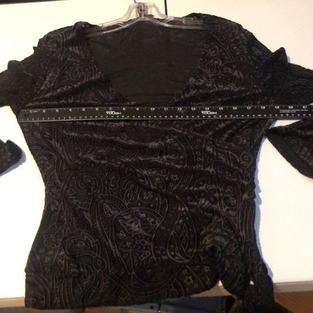 Olivia Paige large block flocked velvet faux wrap top bell sleeve tie at waist